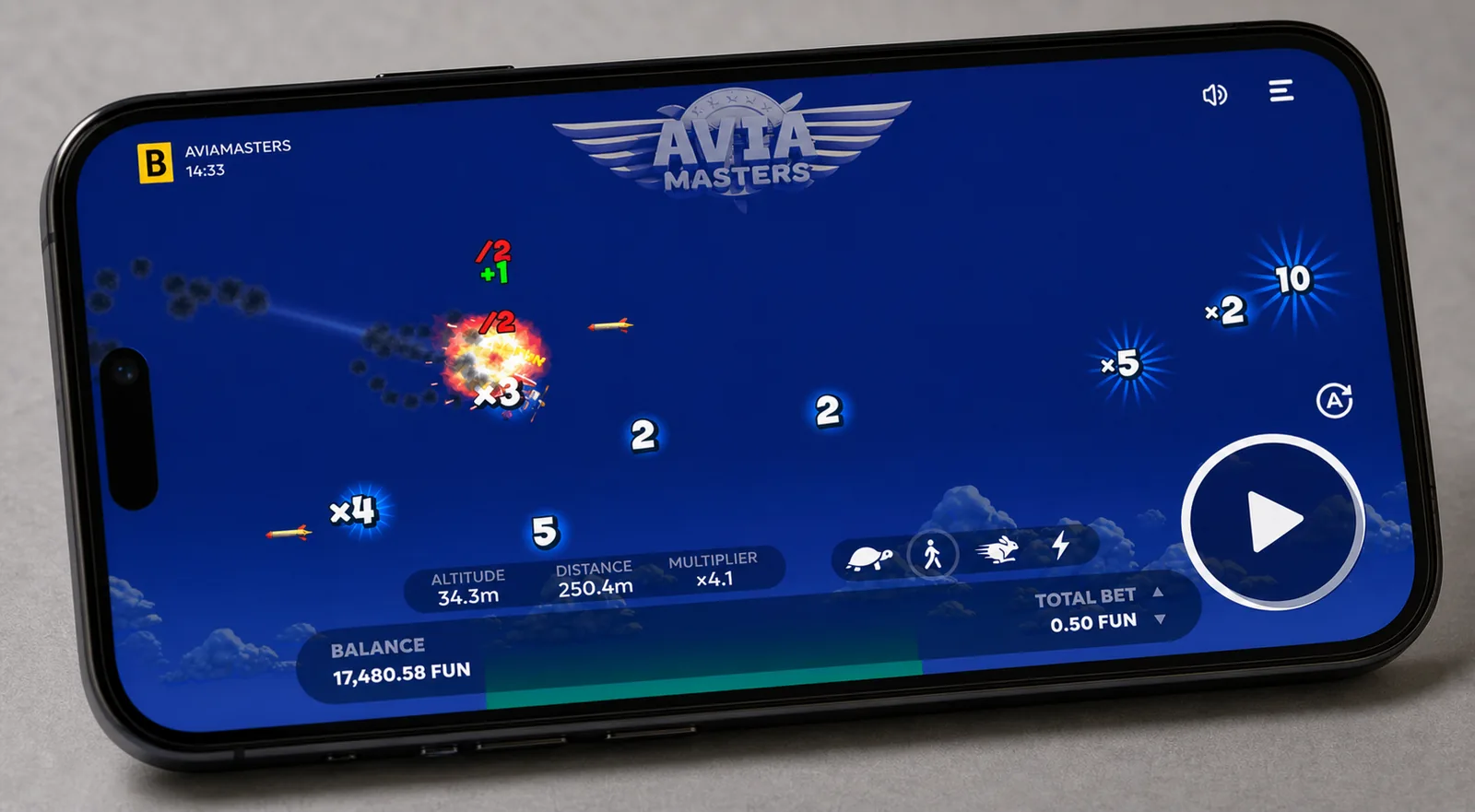 Aviamasters screenshot - plane mid-flight with a x4.12 multiplier and cash-out button visible